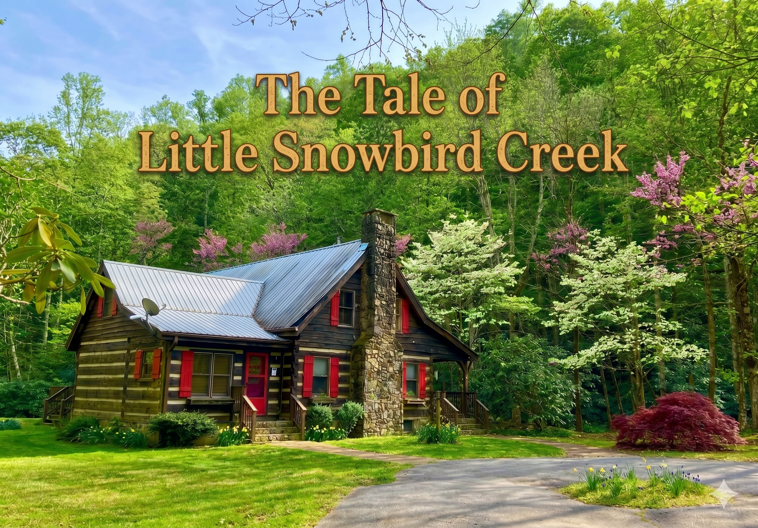 Front view of the log cabin at 7810 Little Snowbird Rd surrounded by blooming dogwoods, Robbinsville NC